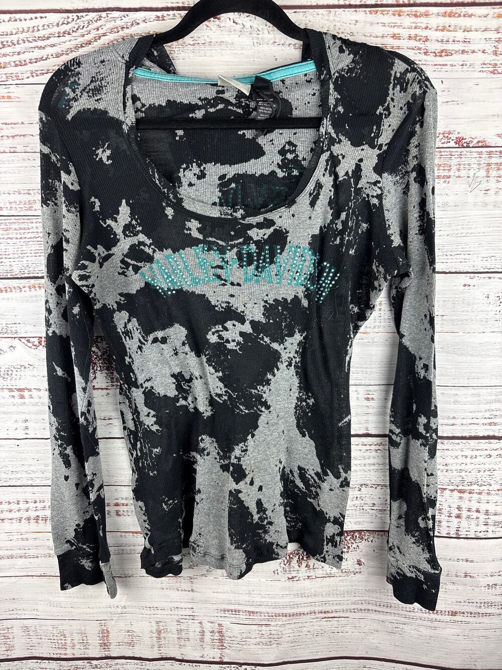 VTG Y2K Harley Davidson Black Rhinestone Burnout Hooded Knit Top Biker Womens M - Picture 1 of 10